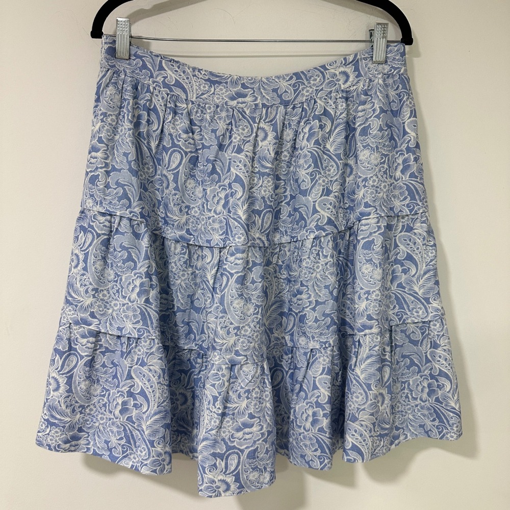 Soft Surroundings Skirt Womens Medium Blue White Floral Paisley Linen Tiered